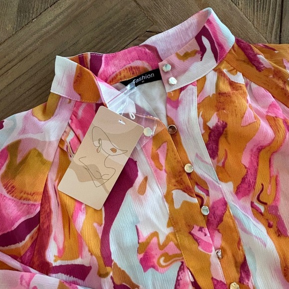 Fashion Pink Orange Abstract Print Button Down Ruffle Hem Mini Shirt Dress M NEW - Picture 3 of 12